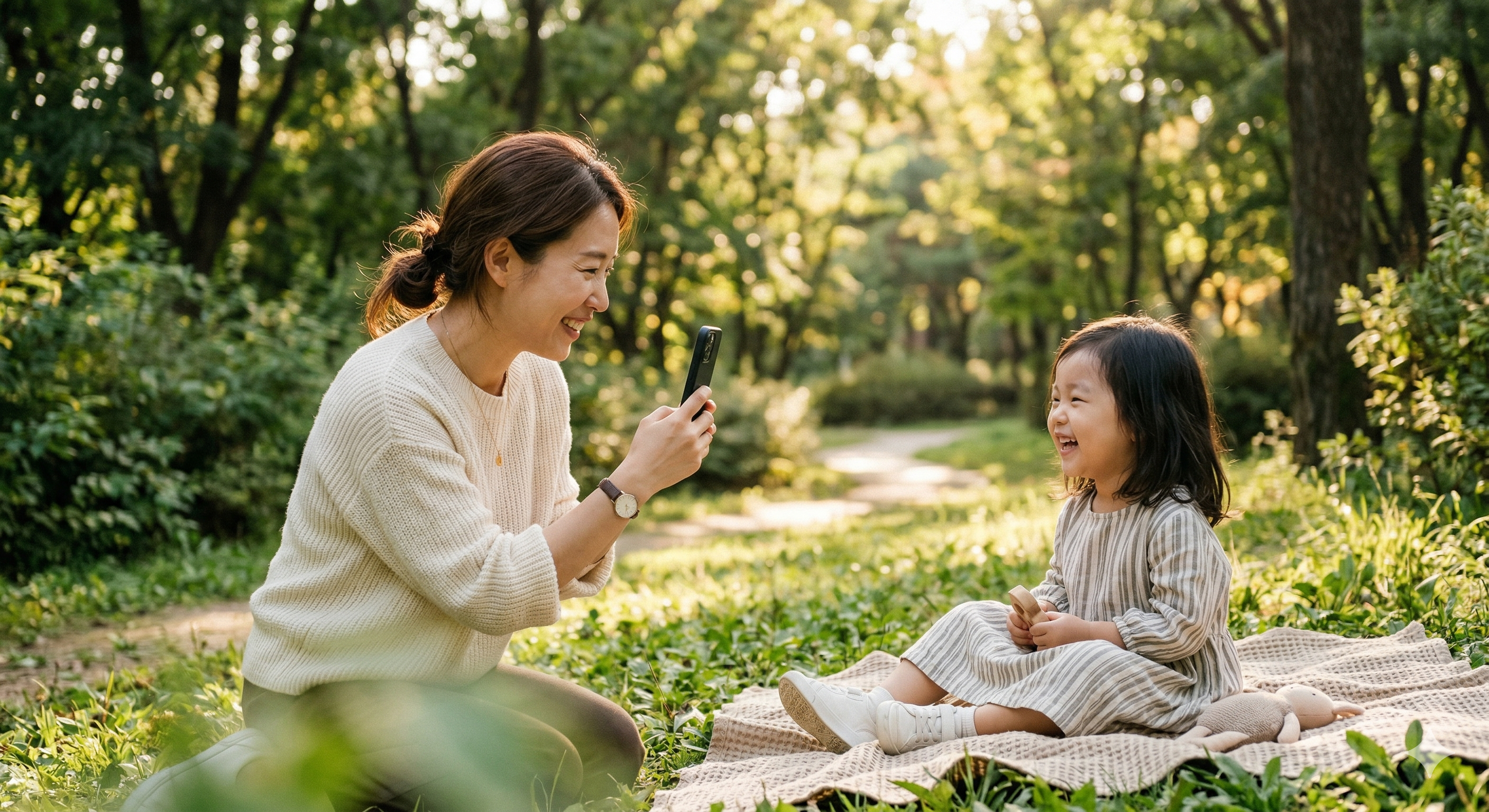 엄마가 아이 사진을 찍는 모습